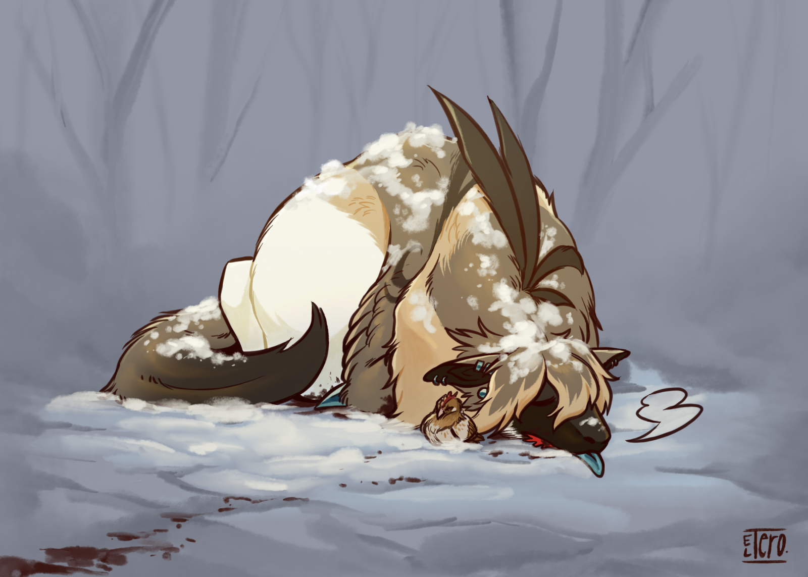 A round tero resting in the snow with its chicken companion.