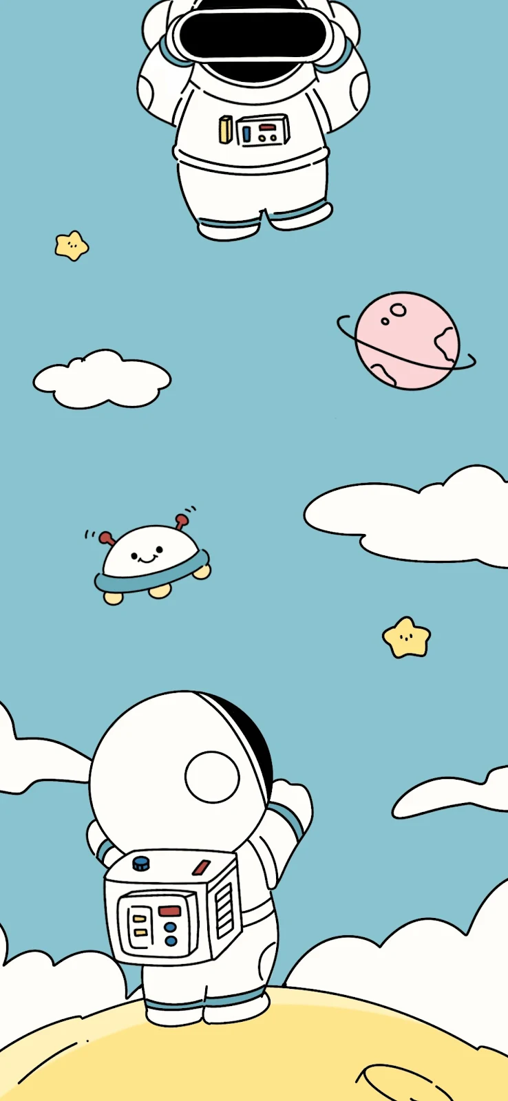 Cute Astronauts In Blue Space - Minimalist Vector Illustration Full HD iPhone Wallpaper (1290x2796)
