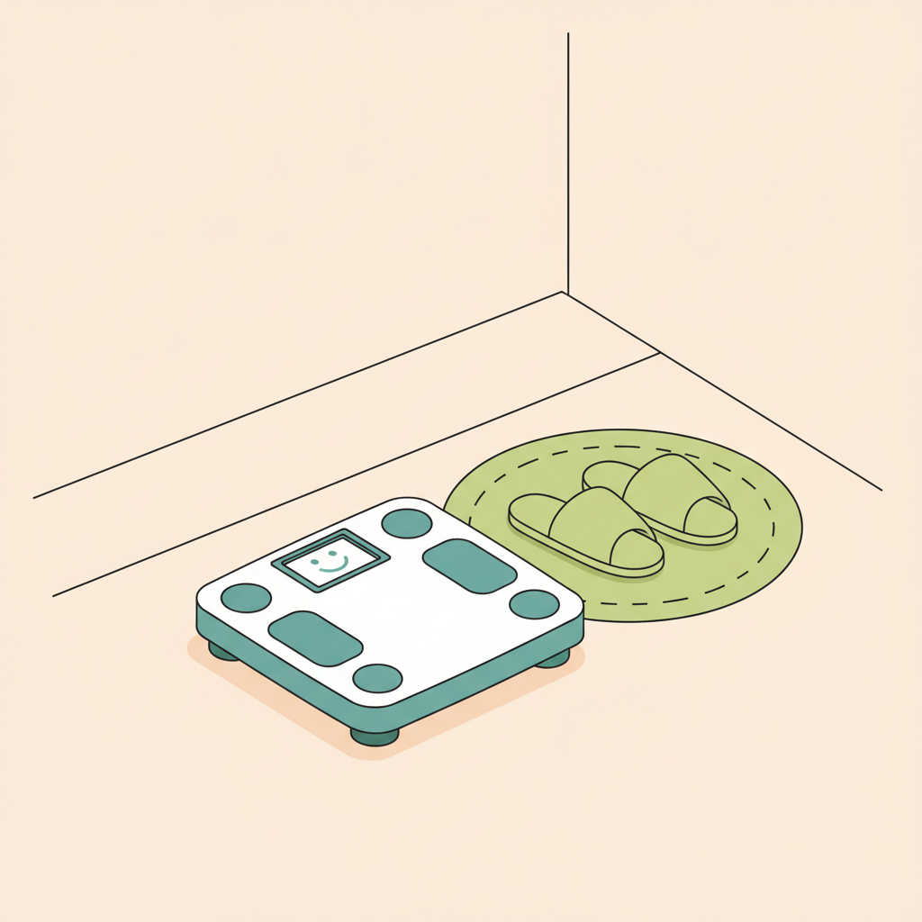 Minimalistische 2D-Vektor-Waagenszene mit Smiley-Display und Hausschuhen in ruhiger Ecke, thematisch passend zu: Wie viel kg kann man in 2 Wochen zunehmen?