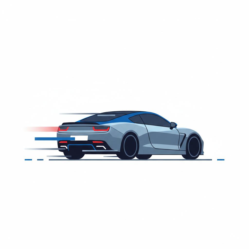 Minimalist 2D vector rear view of a sports coupe accelerating on a test strip with clear rear taillights and blue motion streaks nissan 370z for sale