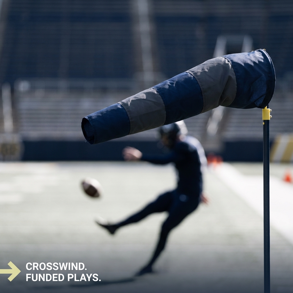 Close up windsock on stadium sideline with blurred kicking play in background showing wind impact and market relevance How Weather Forecasts Move Sports Markets