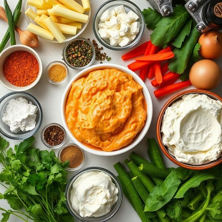 Ingredients for Creamy Buffalo Chicken Dip with Cottage Cheese – Easy Homemade Buffalo Dip