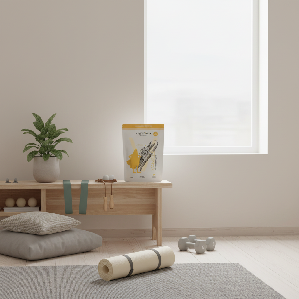 Minimalistische Heimtrainingsszene mit Yogamatte, Kurzhanteln, Winterlicht und Vegardians-Produkt neben der Matte – Was Essen Bodybuilder zum Abnehmen?
