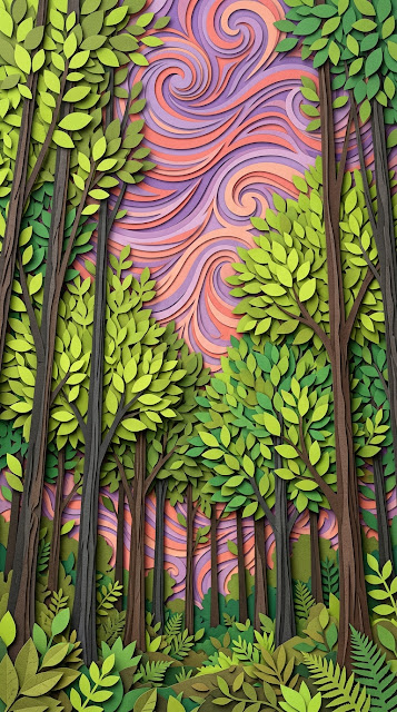 Whimsical Layered Paper Style Forest Canopy with Textured Sky - Free mobile Wallpaper