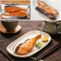 Đặt cá trên khay nướng có lót giấy bạc .Quay phần da cá lên trên để sau khi nướng da cá có độ giòn. Cho cá vào lò nướng ở nhiệt độ 200 độ C trong vòng 20 phút rồi hạ nhiệt xuống 150 độ C thêm 5 phút nữa đến khi các cạnh bắt đầu chuyển màu vàng và phần da có độ bóng thì lấy cá ra. Cá hồi muối sau khi nướng xong ăn kèm với một lát chanh tươi. Hoặc dùng chung với các món cháo, canh miso, cơm nắm (onigiri) hoặc các suất cơm hộp (bento).