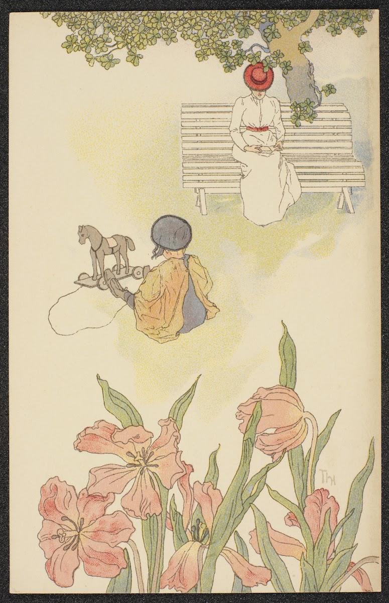 Summer motif with children playing and a woman reading