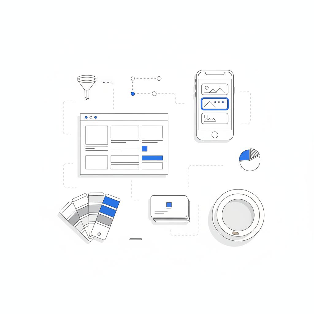 Minimalist 2D vector overhead layout of marketing tools for painting leads: notebook-style landing page wireframe, smartphone storyboard, paint swatches, business cards and coffee cup.