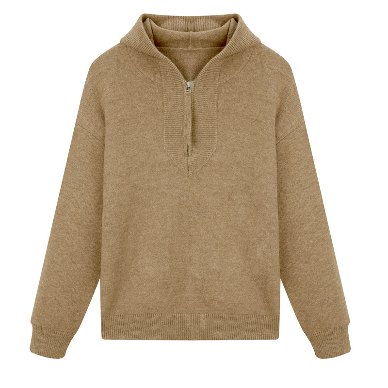 Modern men's knitted pullover with hood and zipper