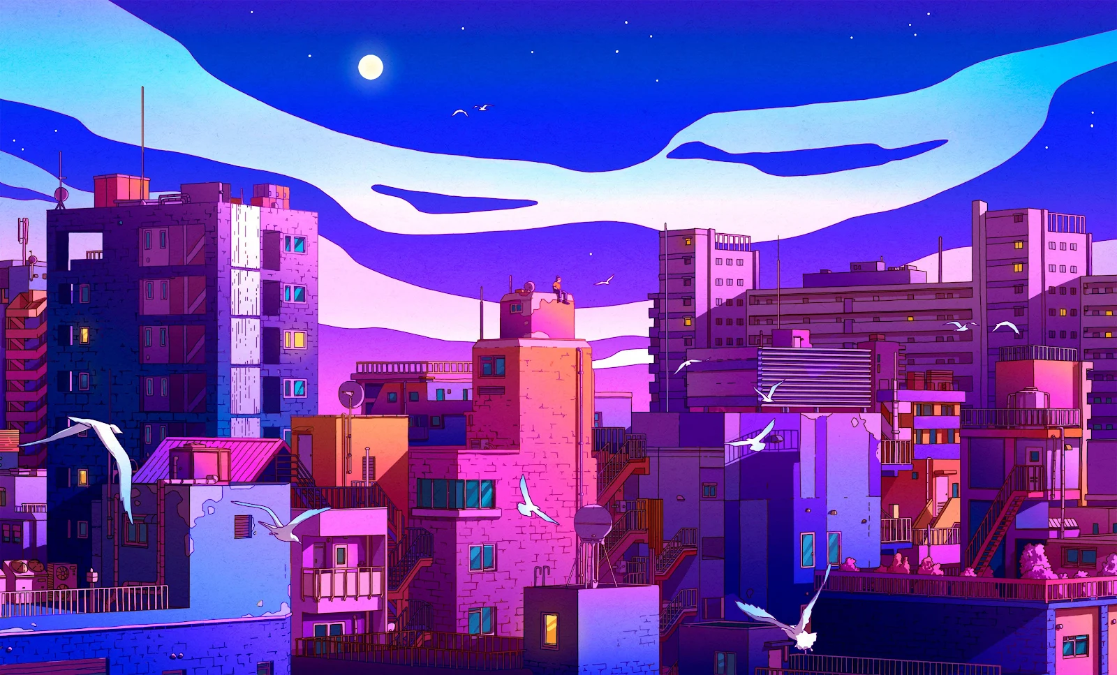 Vibrant Cityscape Under Moonlit Sky - Vaporwave Illustration 4K Wallpaper (4096x2475)