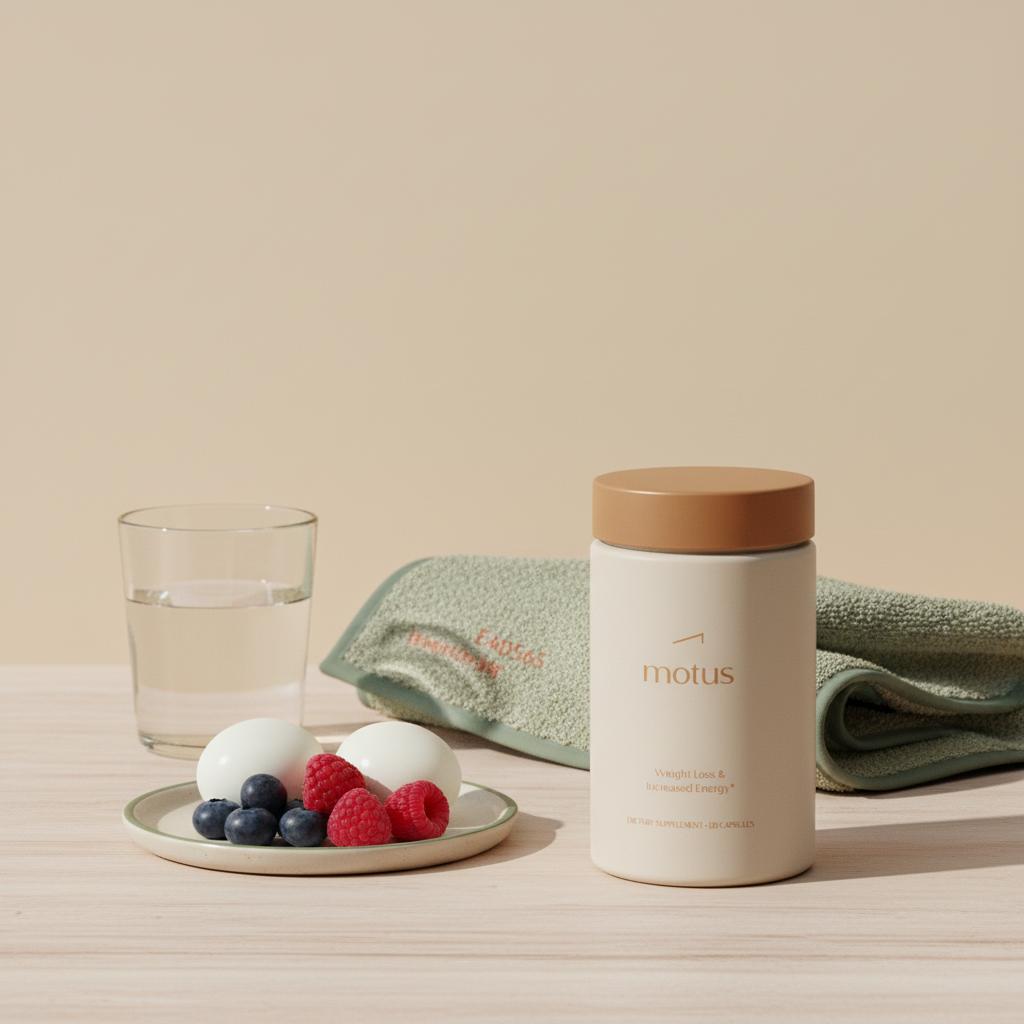 Motus supplement jar on light wood table with glass of water, folded workout towel and plate of eggs and berries, minimalist scene suggesting supplement to increase metabolic rate fast
