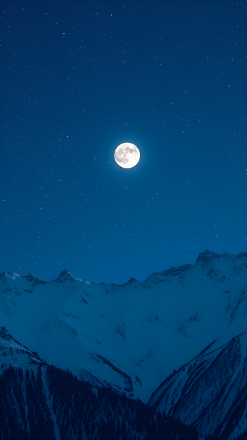 Majestic Full Moon Night Sky Over Snowy Alpine Peaks - Free mobile Wallpaper