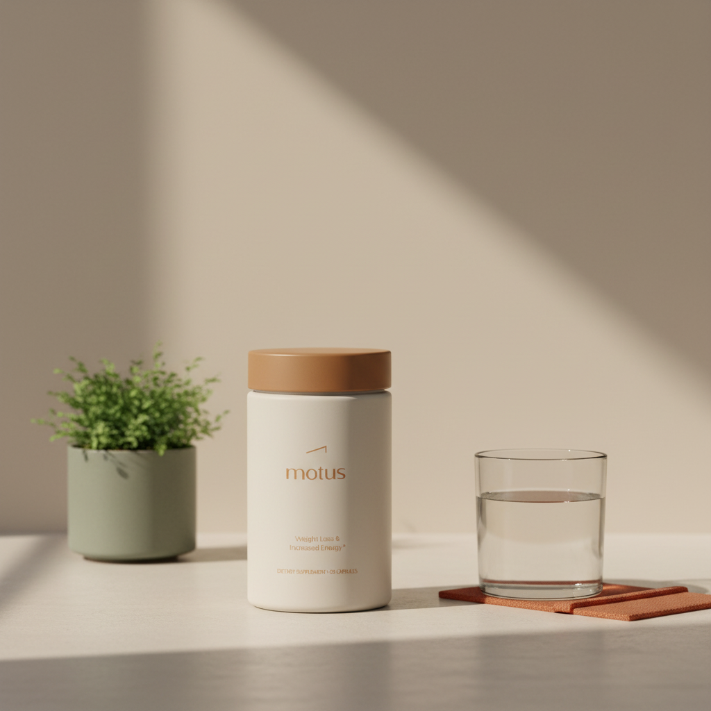 Minimalist product photo of the Nouro supplement jar from the reference photos on a neutral countertop beside a potted plant and a glass of water, Tonum styling, generic Prevagen.