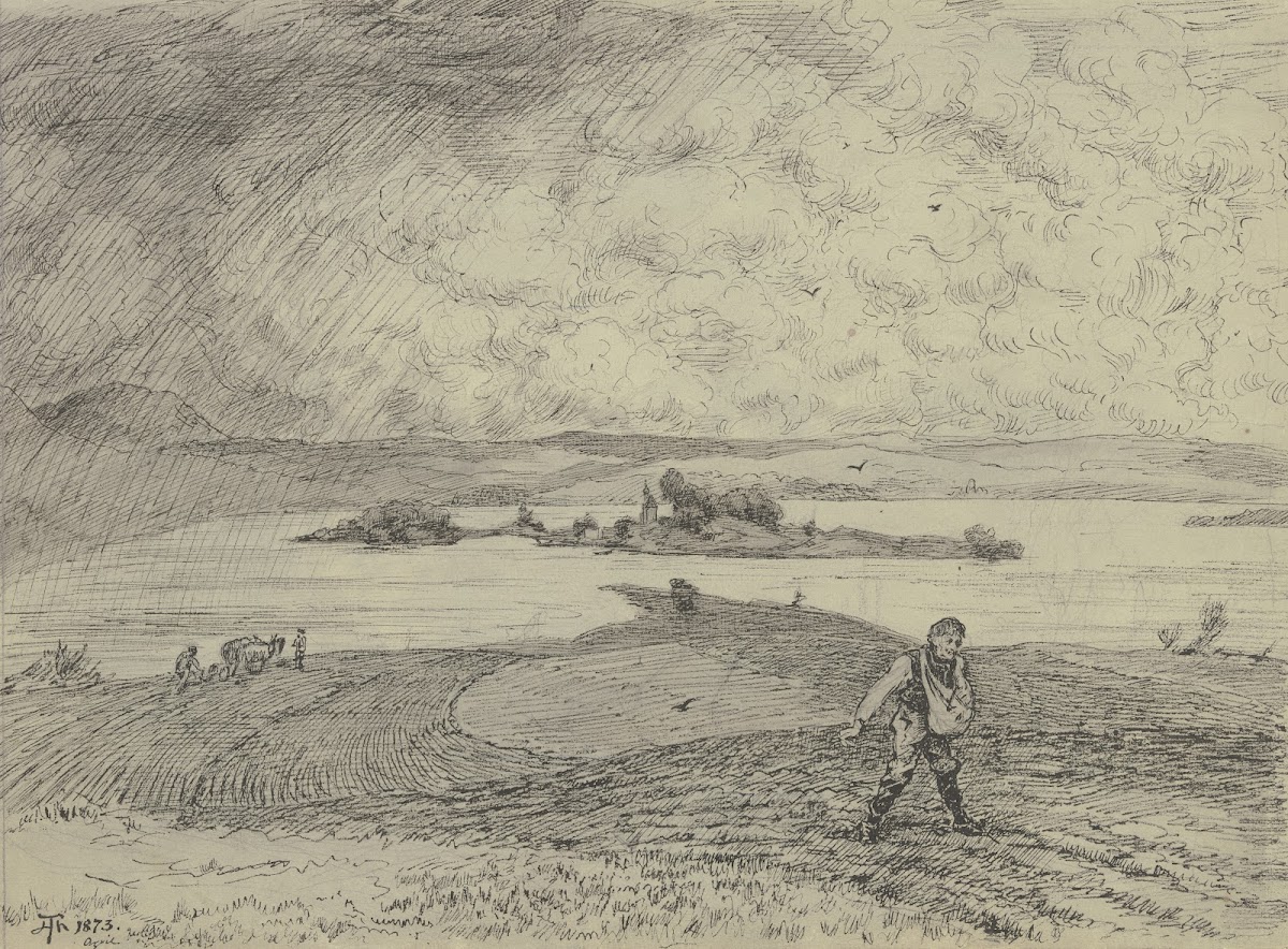 Landschaft mit Sämann im Hintergrund ein See mit Insel 1873