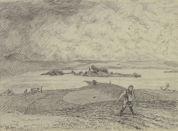 Landschaft mit Sämann im Hintergrund ein See mit Insel 1873