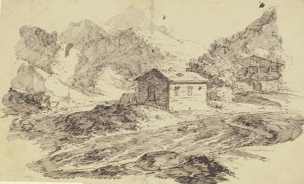 Alpental mit Bach und zwei Almhütten