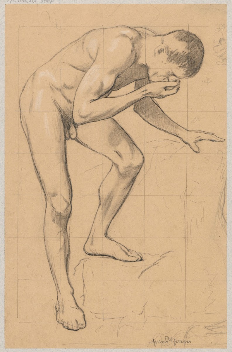 Study of a naked man leaning over a spring and drinking water 1888   1904