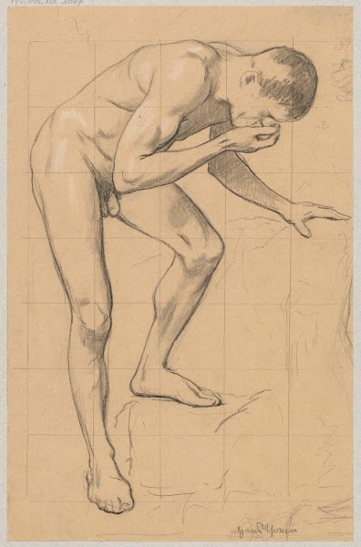 Study of a naked man leaning over a spring and drinking water 1888   1904