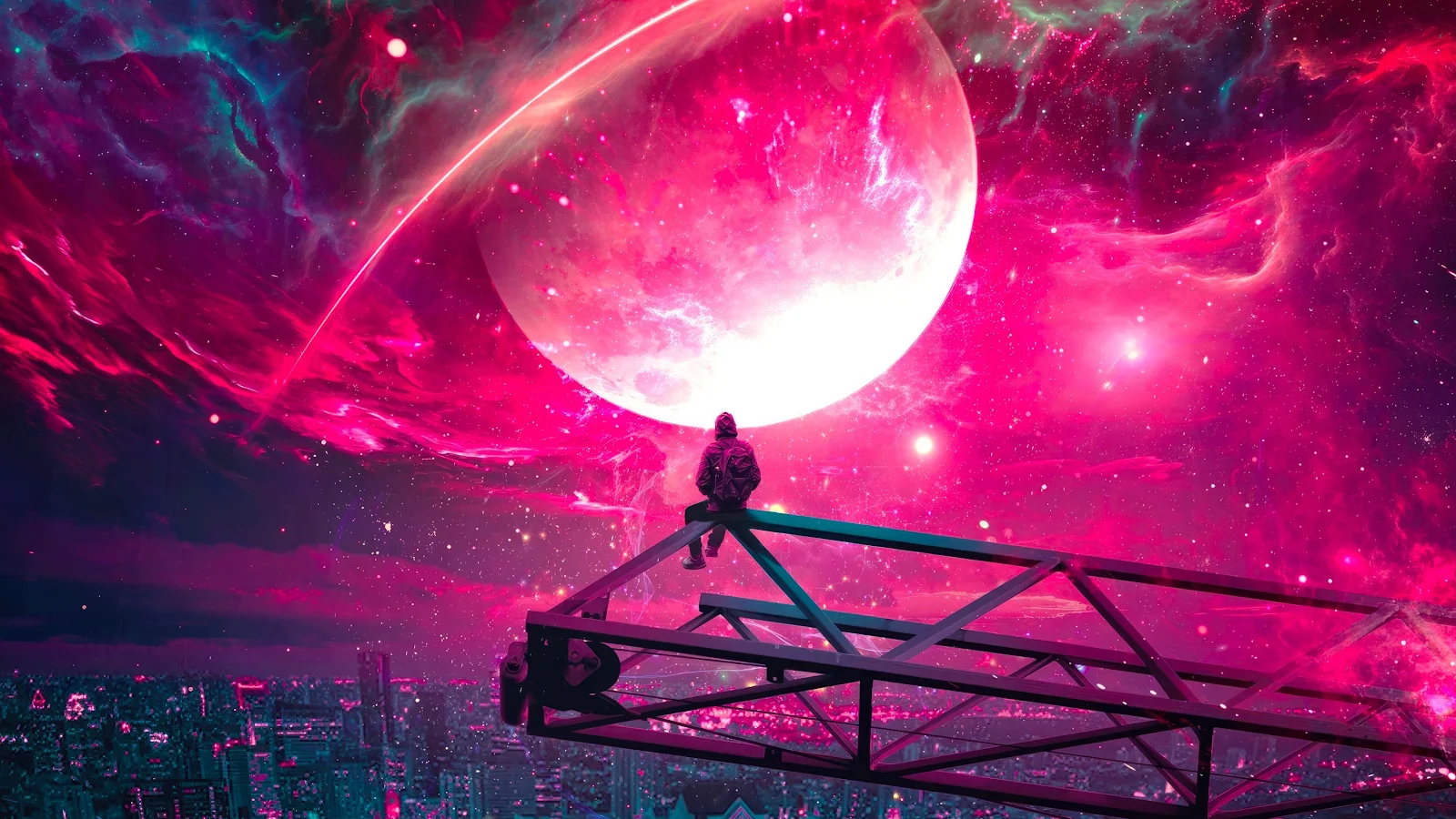 Synthwave, Celestial, Retrowave, Cityscape 4K Wallpaper Background [3840x2160] Free Download