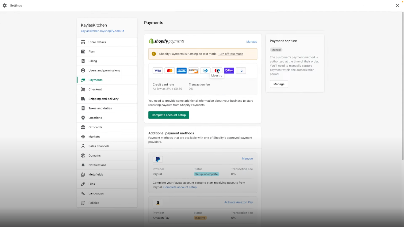 Screenshot of Shopify Payments on Shopify Admin
