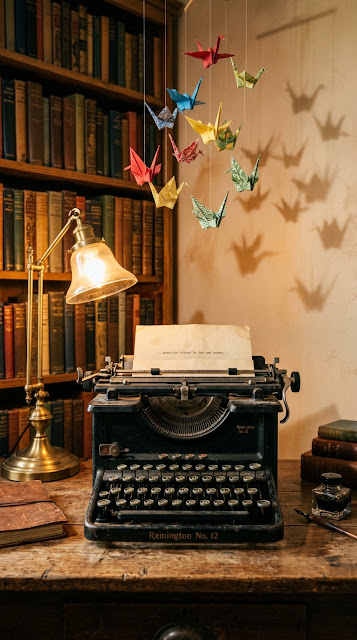 Vintage Dusty Typewriter on Wooden Desk with Origami Birds - Free mobile Wallpaper