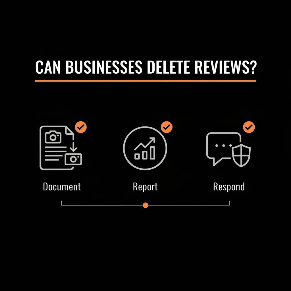 Minimal vector checklist infographic showing document, report, and respond icons on a black background with light text and orange accents for can businesses delete reviews article