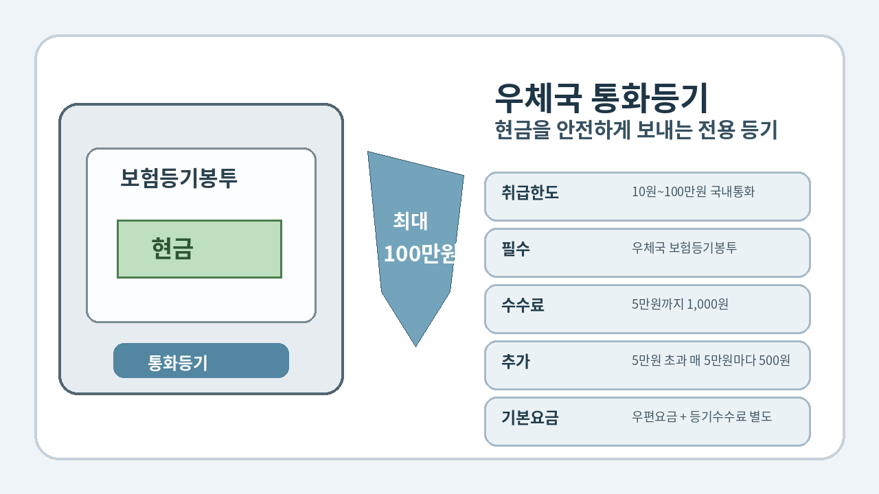우체국 보험등기봉투에
현금을 넣어 통화등기로 보내는 방법과 100만원 한도를 보여주는 대표 이미지