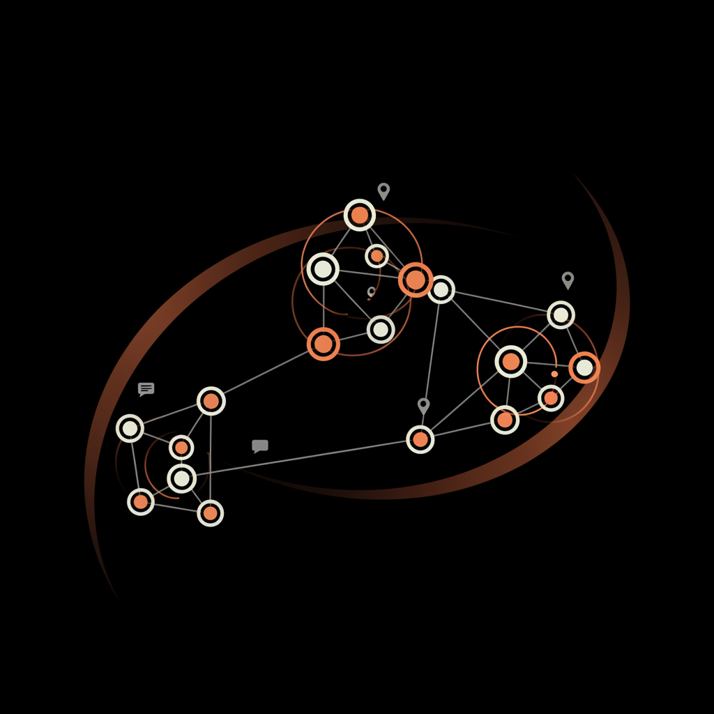 Minimal 2D vector network infographic on black background showing local clusters and a connecting global wave, highlighting clusters with orange accents — is twitter trending the same for everyone