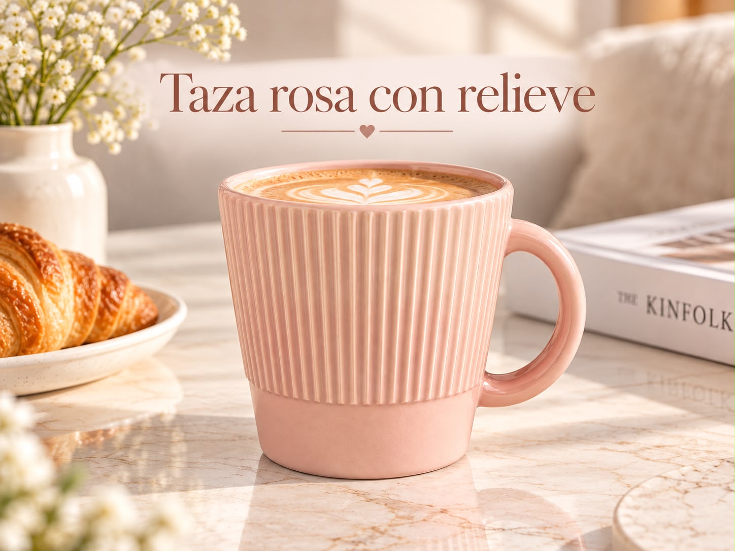 Taza rosa con relieve