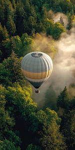 Hot Air Balloon Above Misty Forest Canopy at Golden Hour