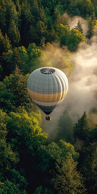 Hot Air Balloon Above Misty Forest Canopy at Golden Hour - Free mobile Wallpaper