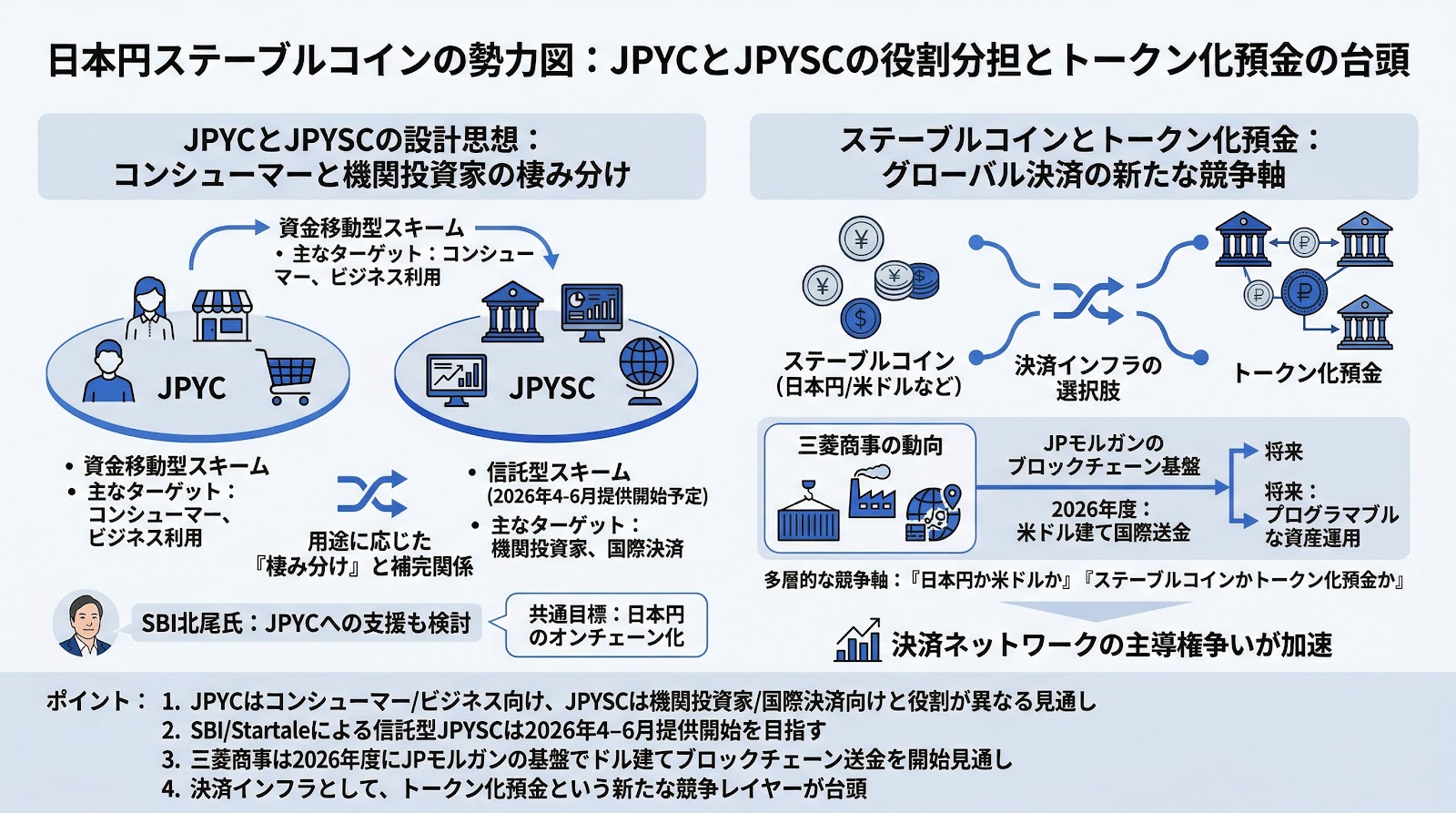 日本円ステーブルコインの勢力図：JPYCとJPYSCの役割分担とトークン化預金の台頭