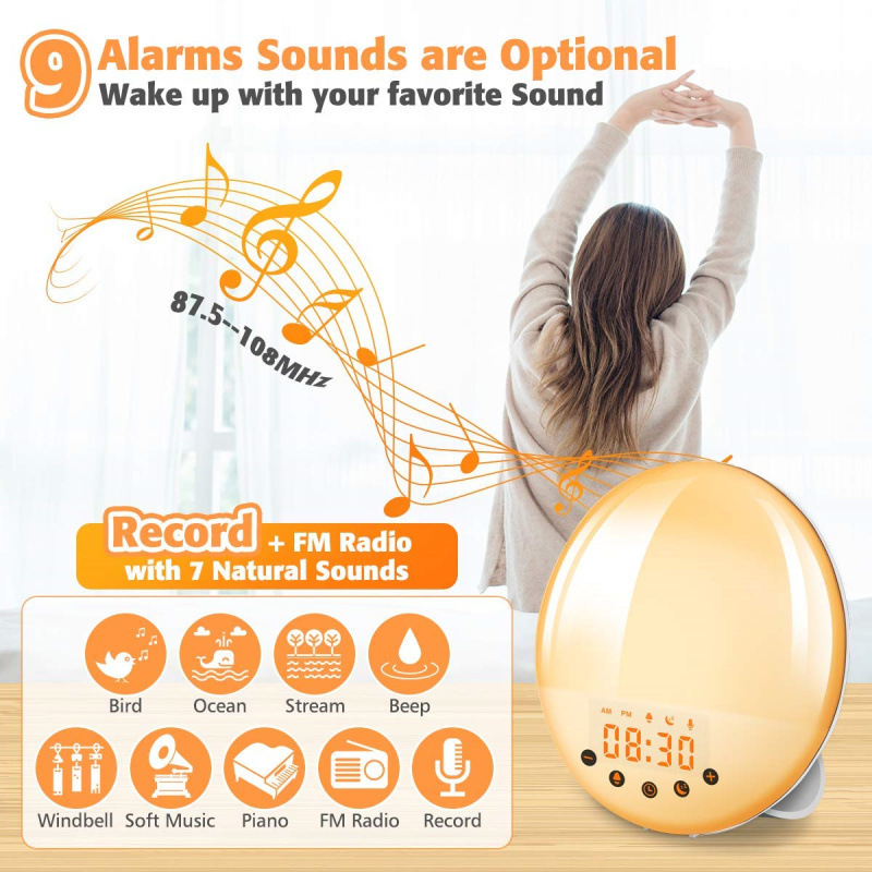 Digital alarm clock with sunrise light and FM radio