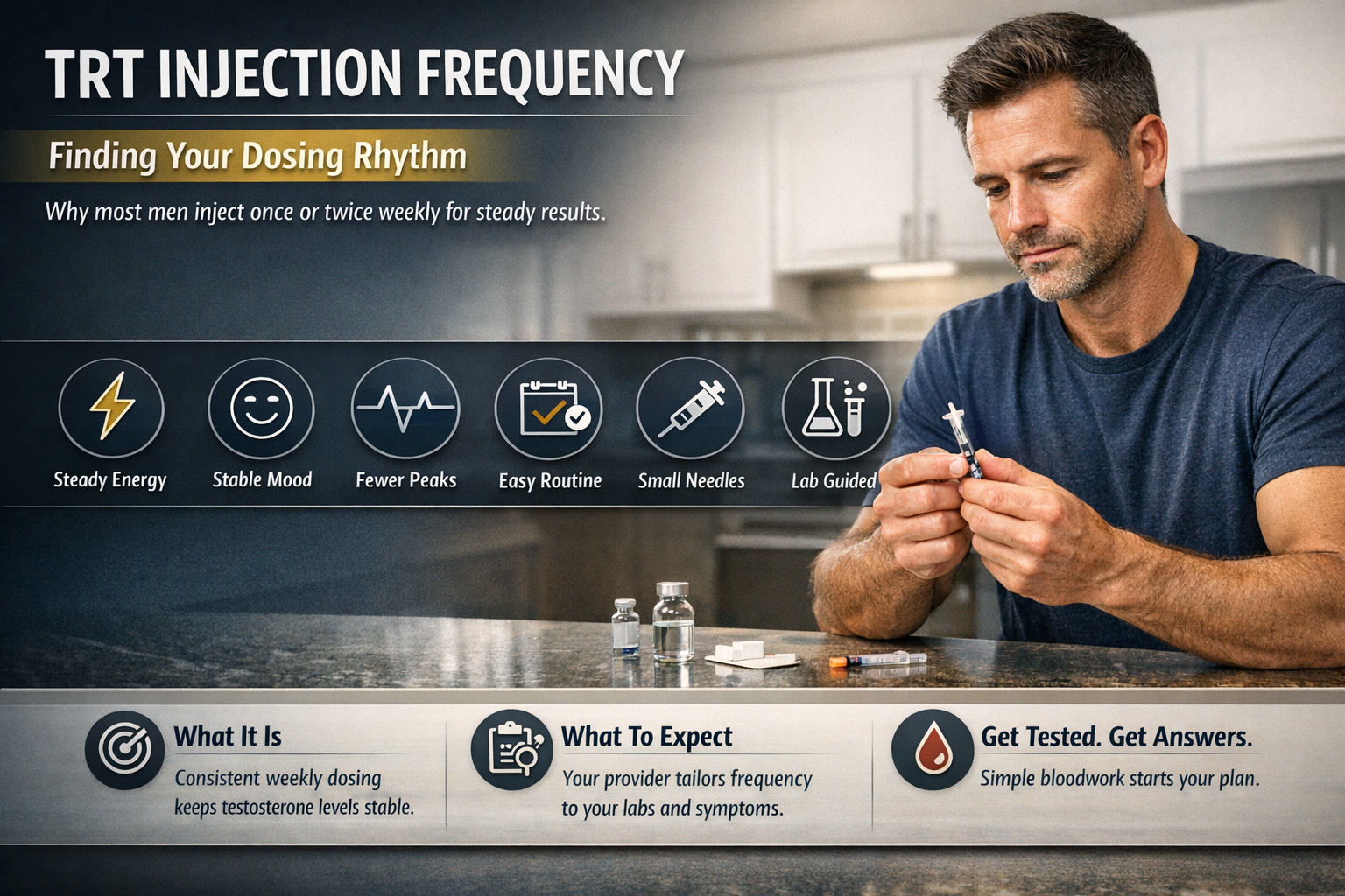 How Often Do You Take TRT Injections? Dosing Schedule Guide — AZTRT Arizona TRT clinic blog cover showing a man preparing a small testosterone syringe with dosing-rhythm benefit icons