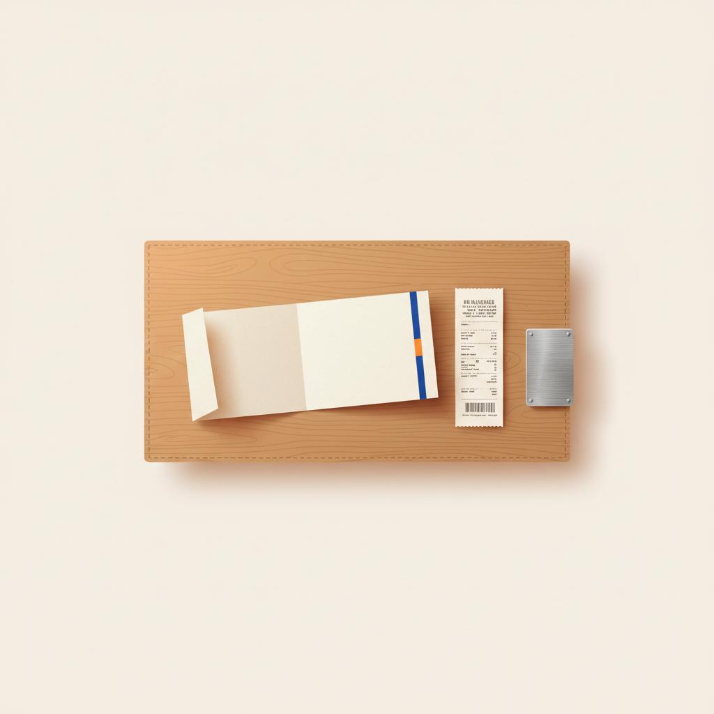 Detailaufnahme eines aufgeklappten Papiergutscheins und einer Kaufquittung auf Holz mit geätztem Stahlplättchen, Fokus auf Materialien und Texturen, warme Beleuchtung, jochen schweizer gutschein einlösen