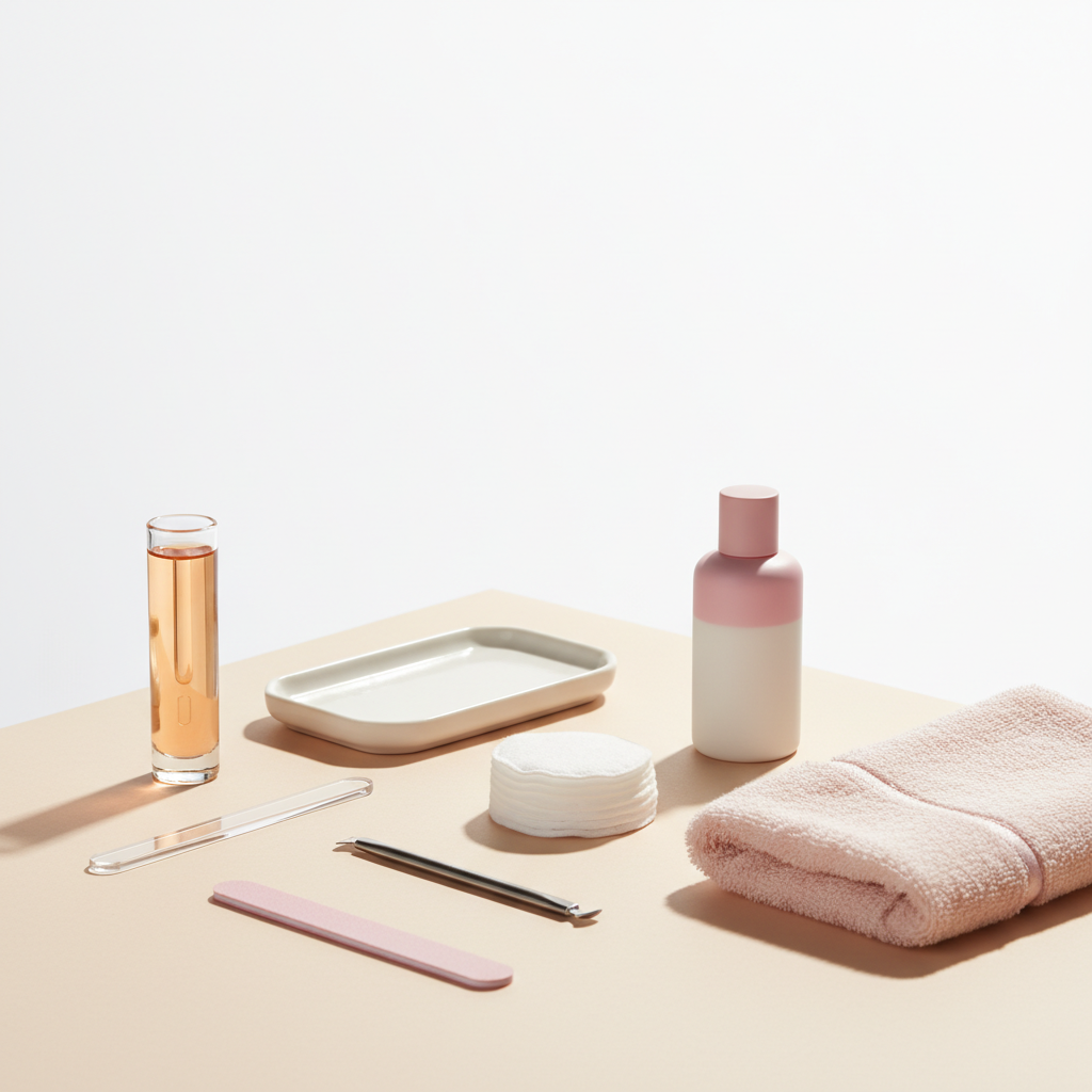 Minimalistische Pflege-Ecke mit Nagelpflegewerkzeugen, warmem Öl und pastellrosa Flakon zur Pflege brüchiger Fingernägel