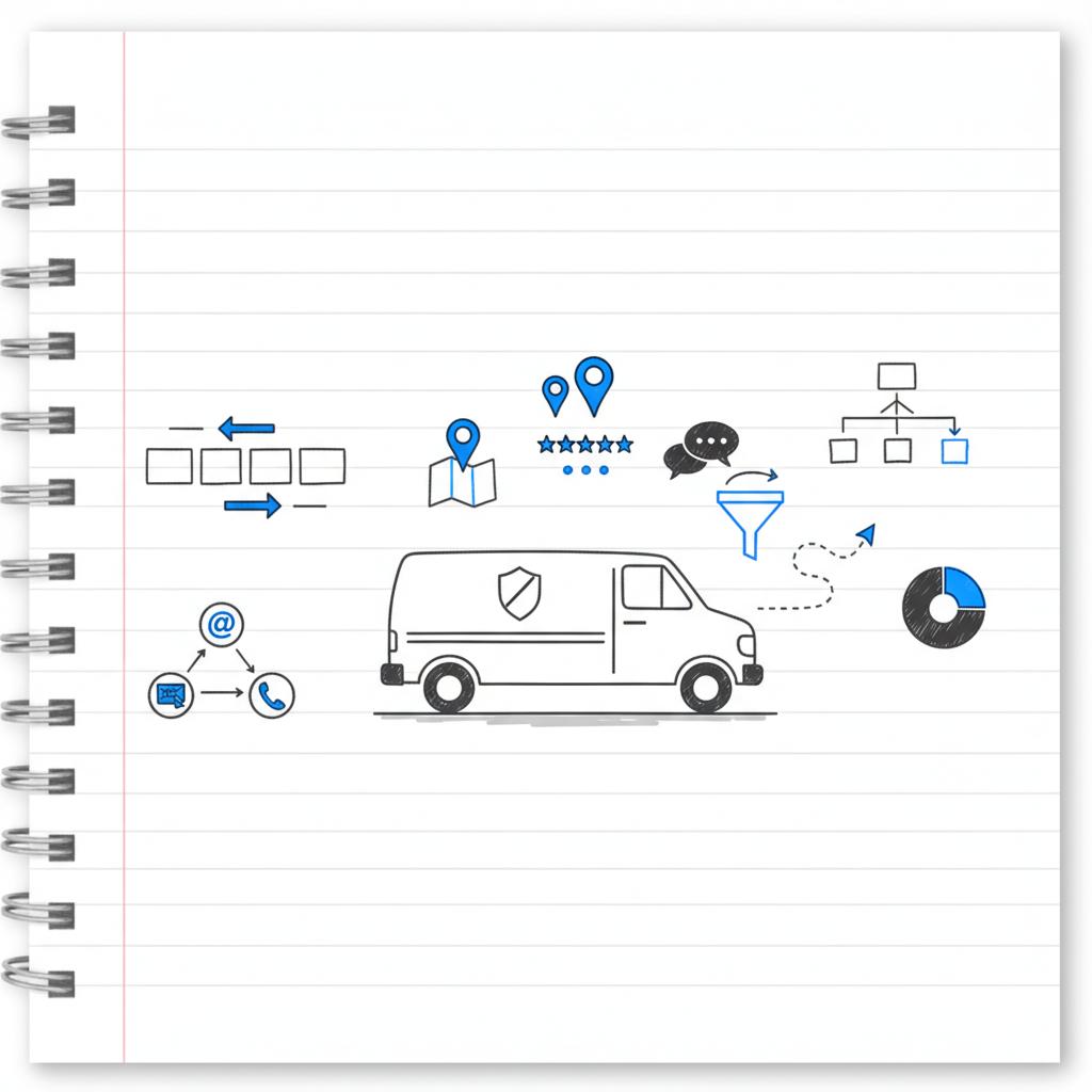 Notebook-style vector sketch of a plumber's van with floating map pins, review icons and marketing diagrams, visually illustrating how do plumbers find clients?