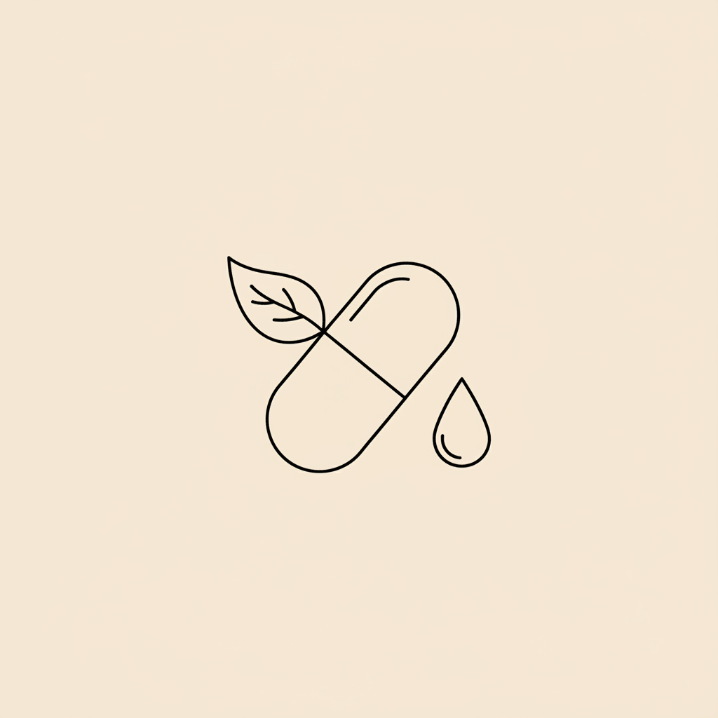 Minimalist Tonum-style line illustration of a capsule, leaf, and water droplet on a beige background, thin black outlines, no fill — phentermine over the counter
