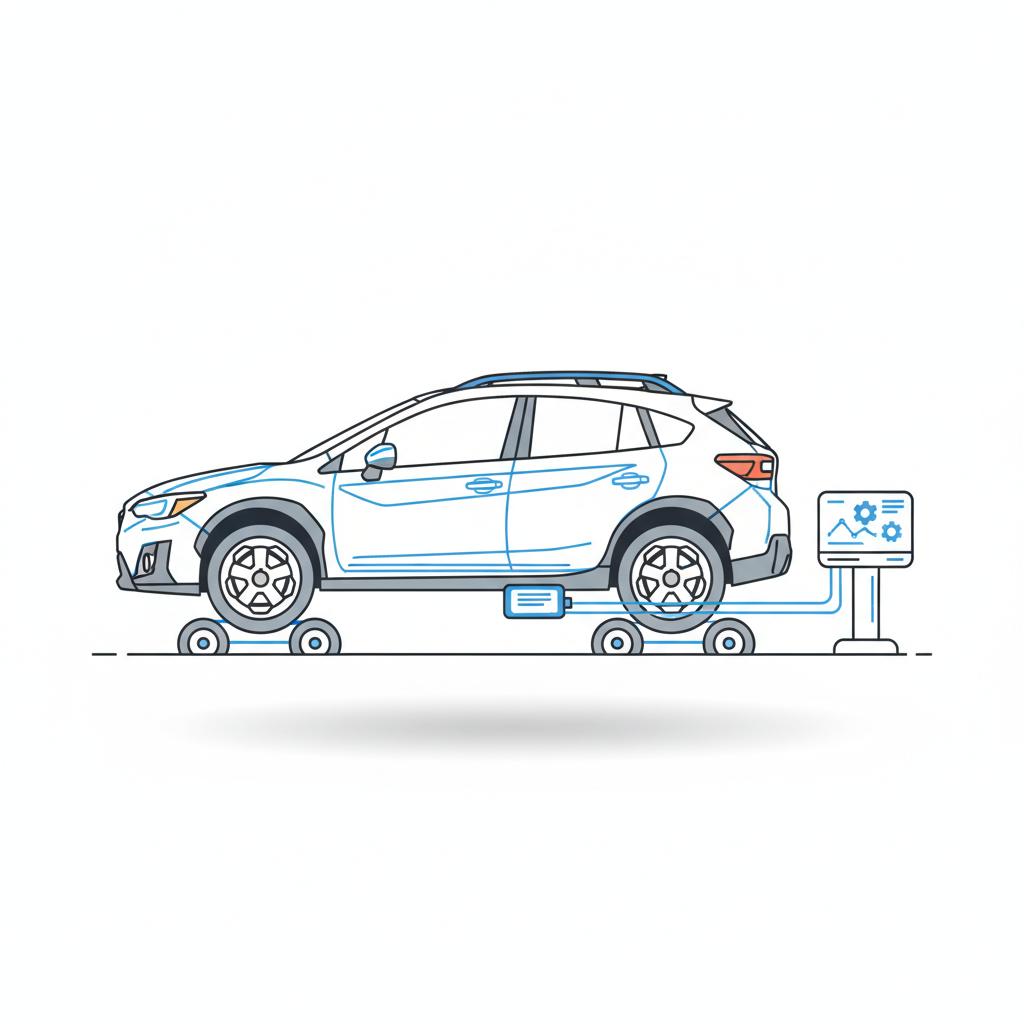 Minimalist 2D vector showing Subaru Crosstrek on a test lane with diagnostic console monitoring transmission behavior no people subaru crosstrek for sale
