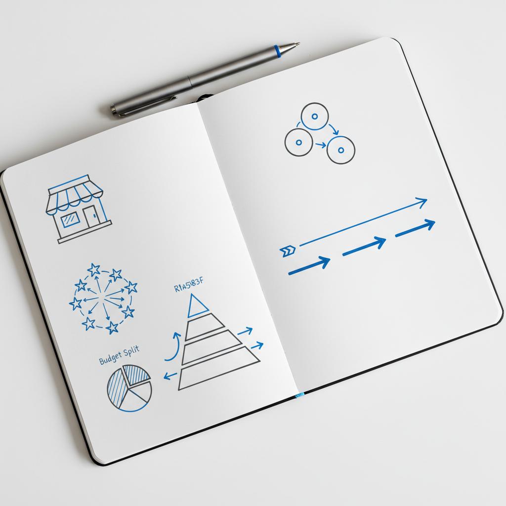 Top-down notebook sketch of storefront icon, star review cluster, and pricing ladder with arrows in blue #1a5bfb and deep gray #39383f &mdash; How much does reputation Rhino cost?