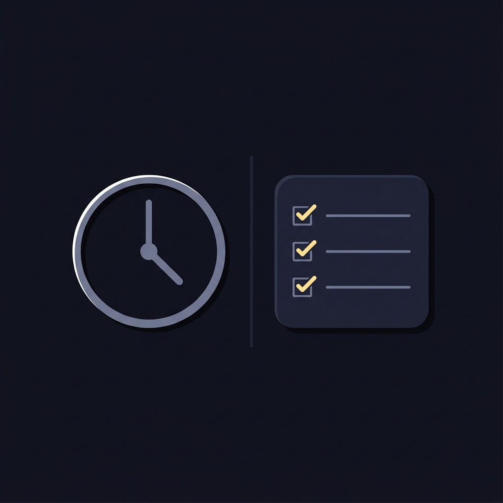 Minimal 2D vector clock and checklist on a dark Funded Plays palette representing time limits and T and Cs for a wager calculator
