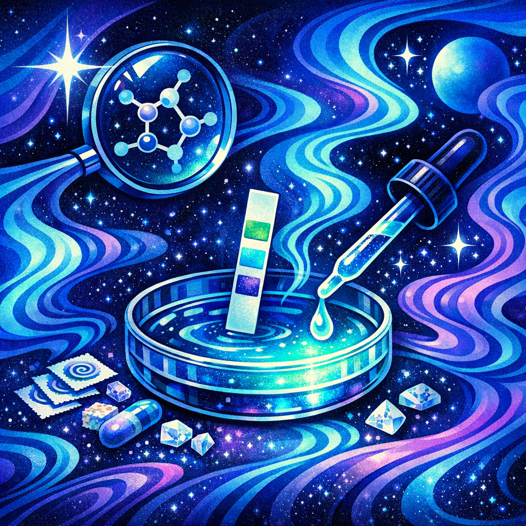 drug checking psychedelics lifestyle visual – creative display of psychedelic culture objects, vibrant test kits, and community atmosphere