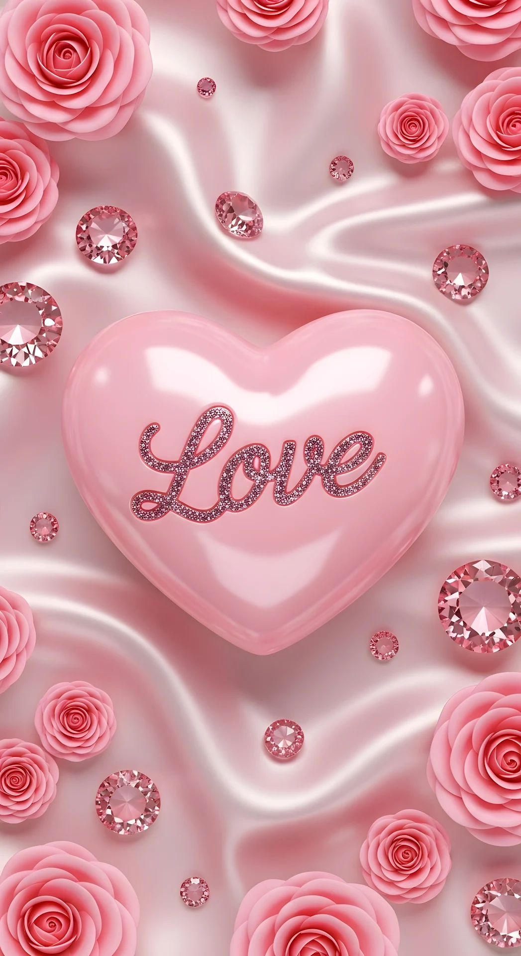 Glossy Pink Heart with Sparkling Gemstones and Roses - Free 4K mobile Wallpaper