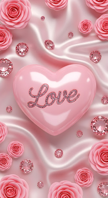 Glossy Pink Heart with Sparkling Gemstones and Roses - Free mobile Wallpaper