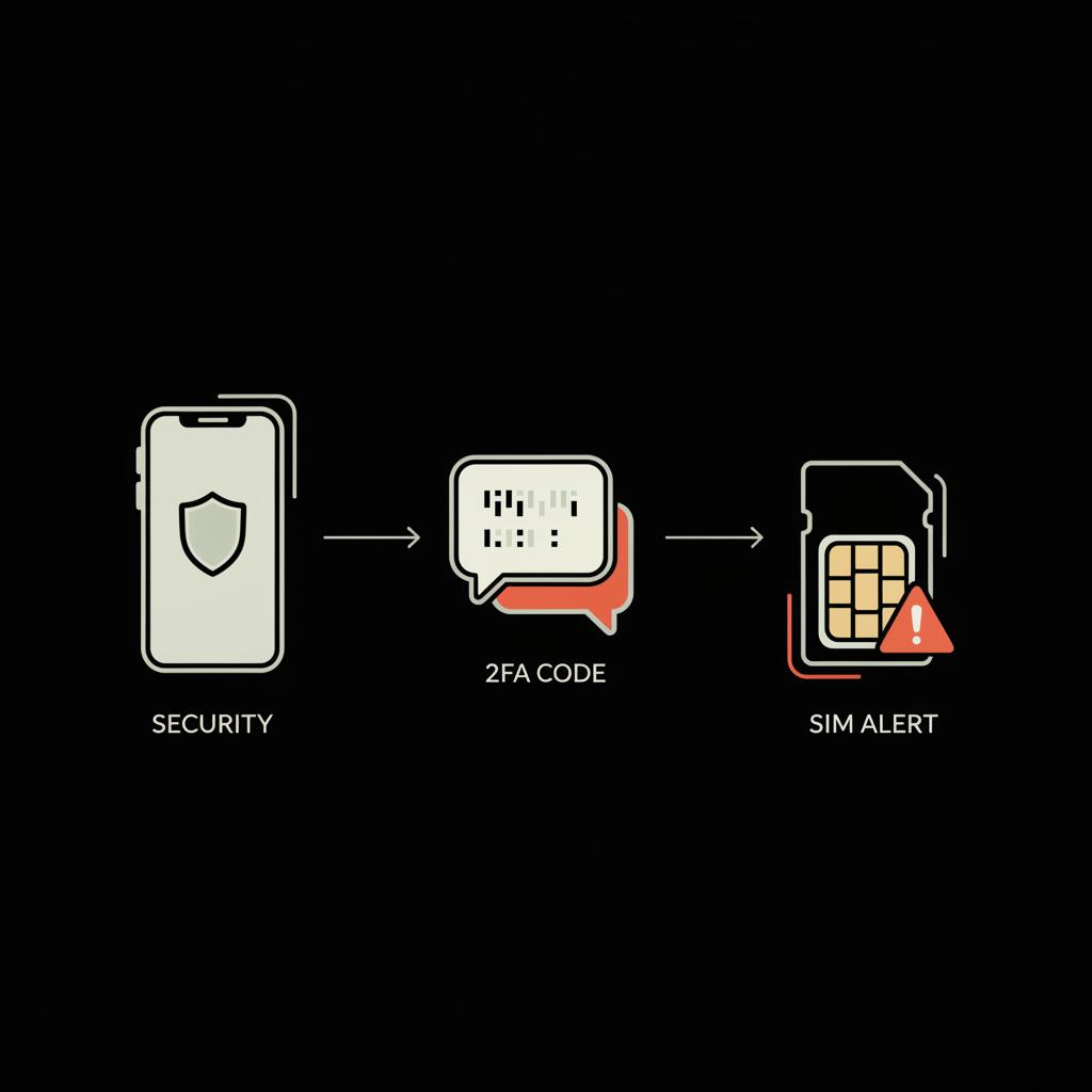 Minimal vector infographic on black background showing phone with shield icon, SMS code bubble and SIM card with warning, illustrating unauthorized WhatsApp access.