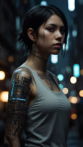 Futuristic Cyberpunk Woman Portrait Glowing Arm Tattoo
