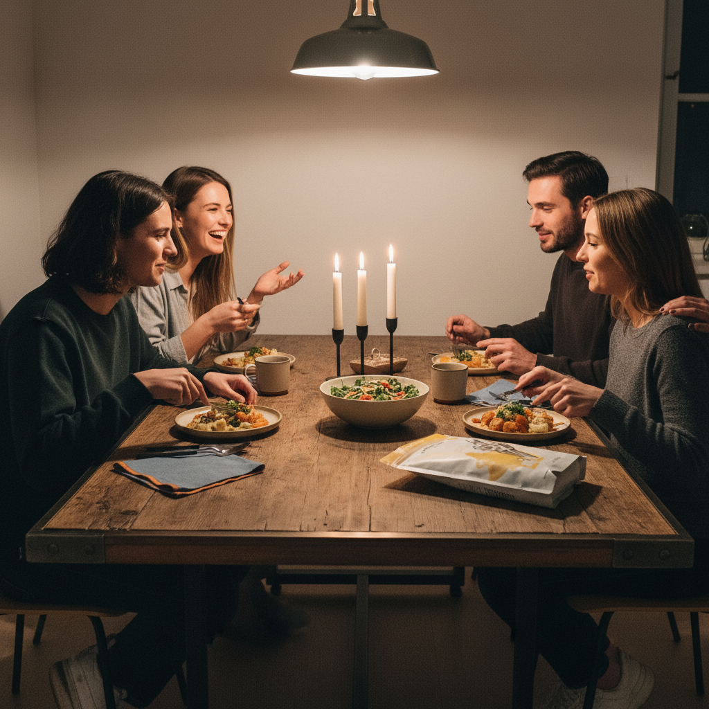 Abendliche Familienszene am Holztisch mit warmem Licht und Industrieakzenten, sichtbares Produkt aus den Referenzfotos – Was ist die 5-Geschenke-Regel für Männer?