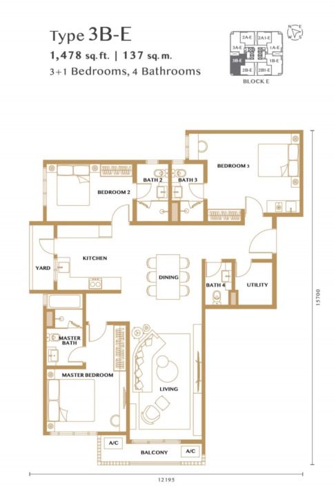 Bangsar Hill Park – Verdura (Tower D and E) Type 3B-E floor plan — 1478 sq ft, 3 bedrooms