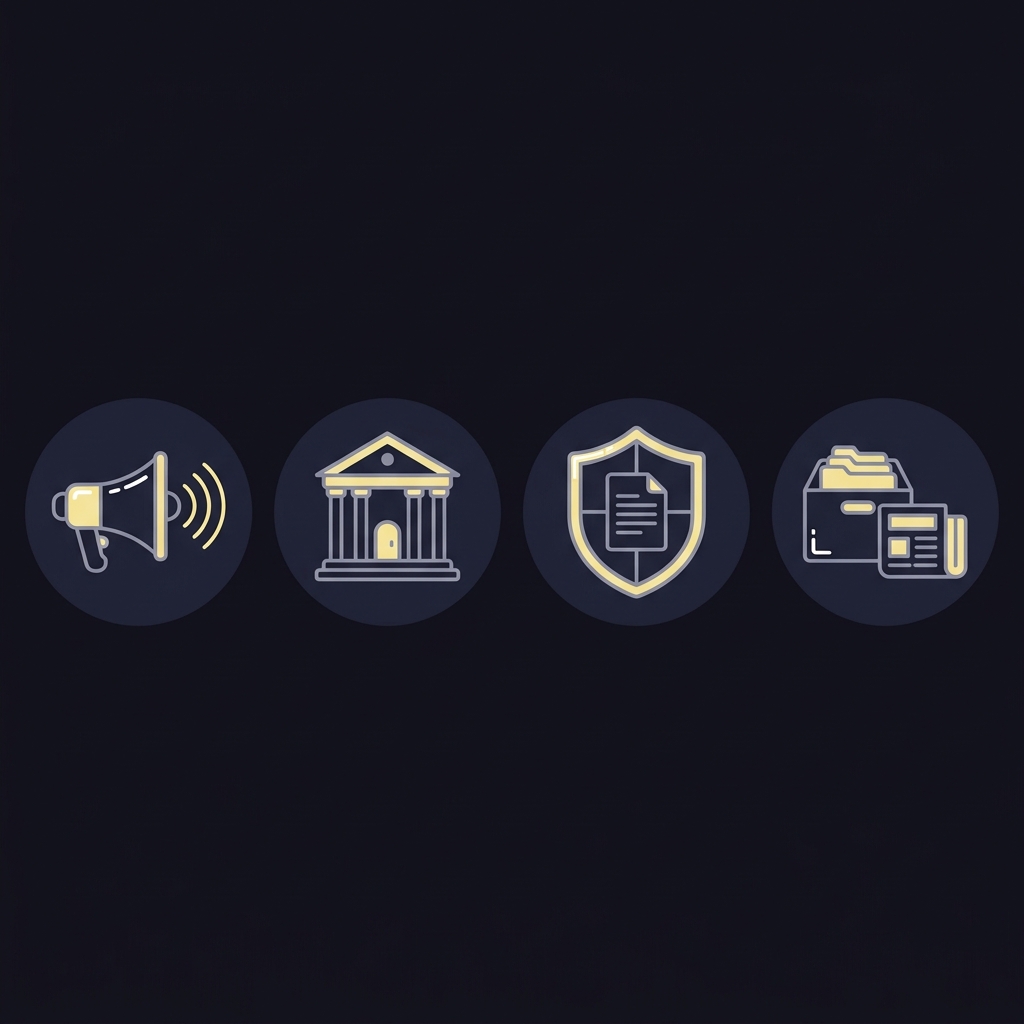 Minimalist 2D vector infographic showing four verification icons megaphone government building shield with document archive box representing press release state registry league disclosure news archive mariners astros prediction