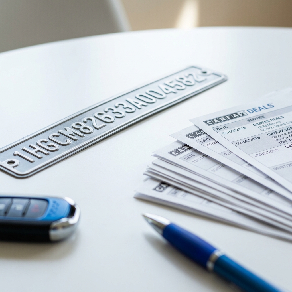 Close up of a vehicle VIN plate next to neat service records on a white table suggesting verification and documentation for honda crv used for sale
