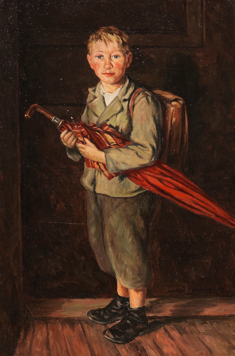 Bauernbub mit Schirm und Ranzen 1901